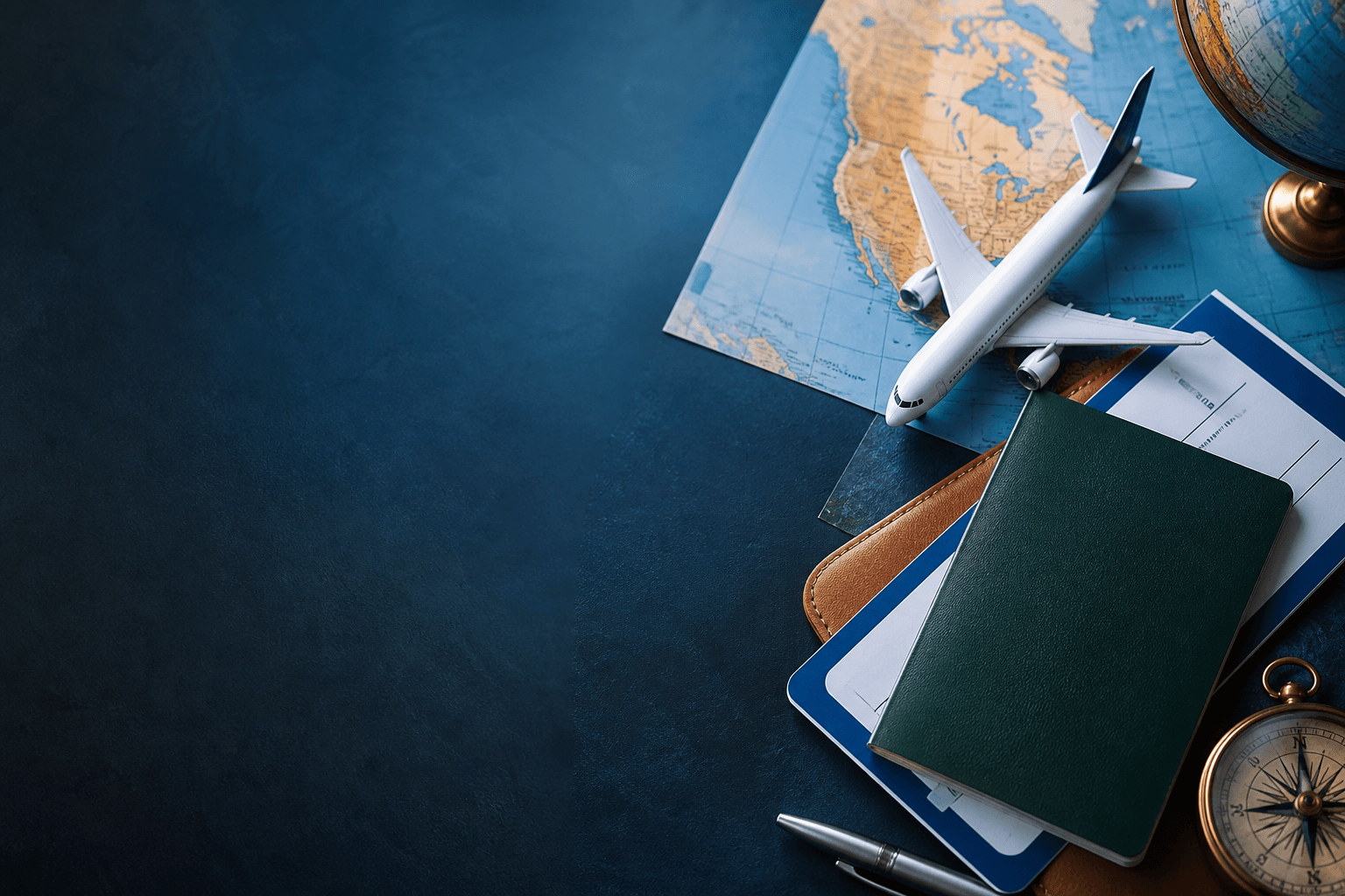 Passport, aircraft, and travel documentation representing digital travel support